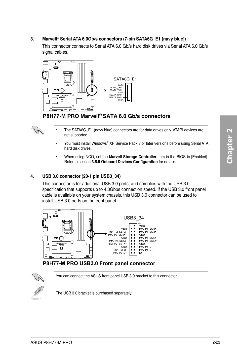 Chapter 2, P8h77-m pro marvell, Sata 6.0 gb/s connectors | Asus p8h77-m pro, Marvell, Usb3_34 | Asus P8H77-M PRO User Manual | Page 43 / 150