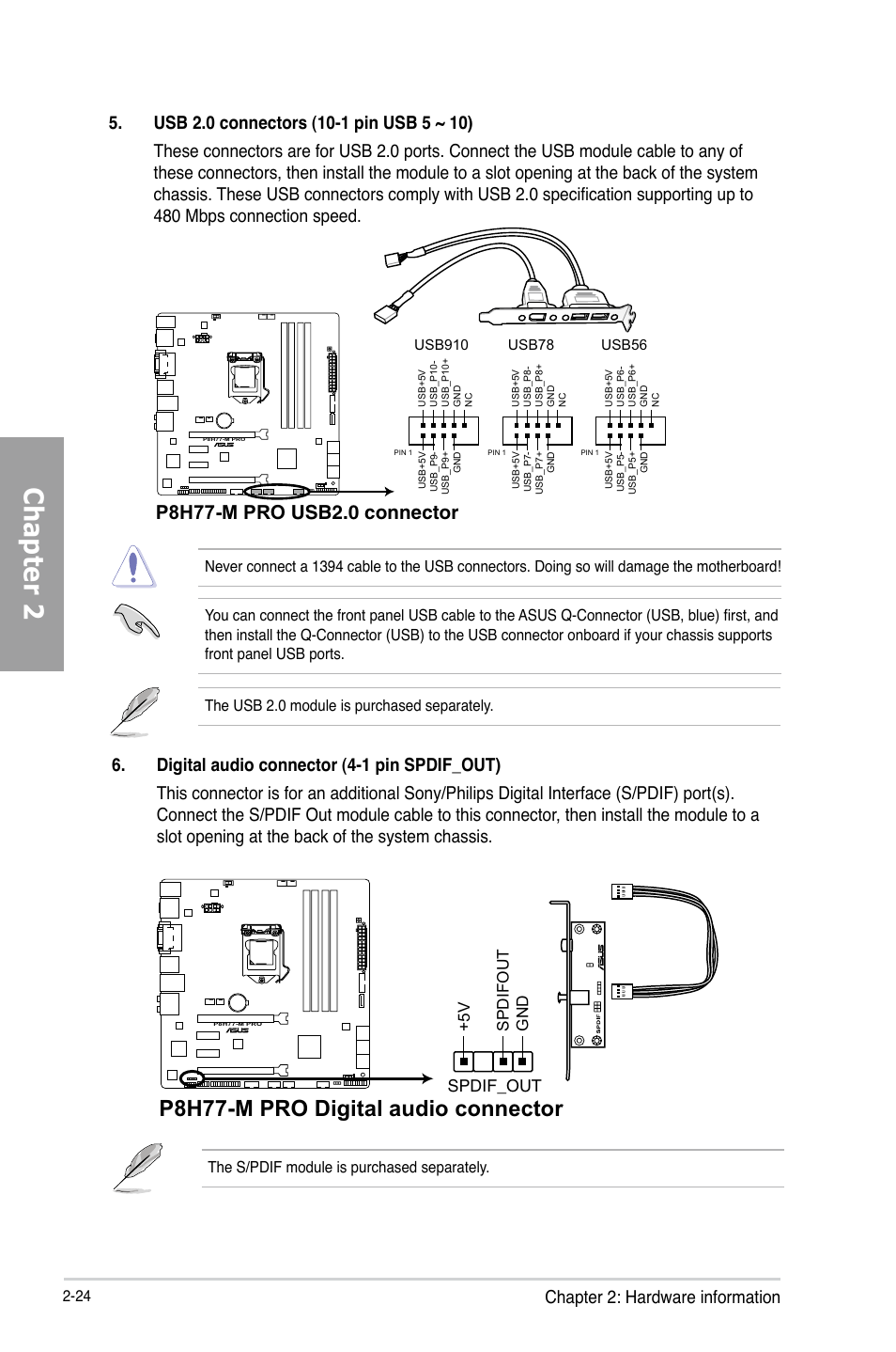 Chapter 2, P8h77-m pro digital audio connector, Chapter 2: hardware information | Asus P8H77-M PRO User Manual | Page 44 / 150