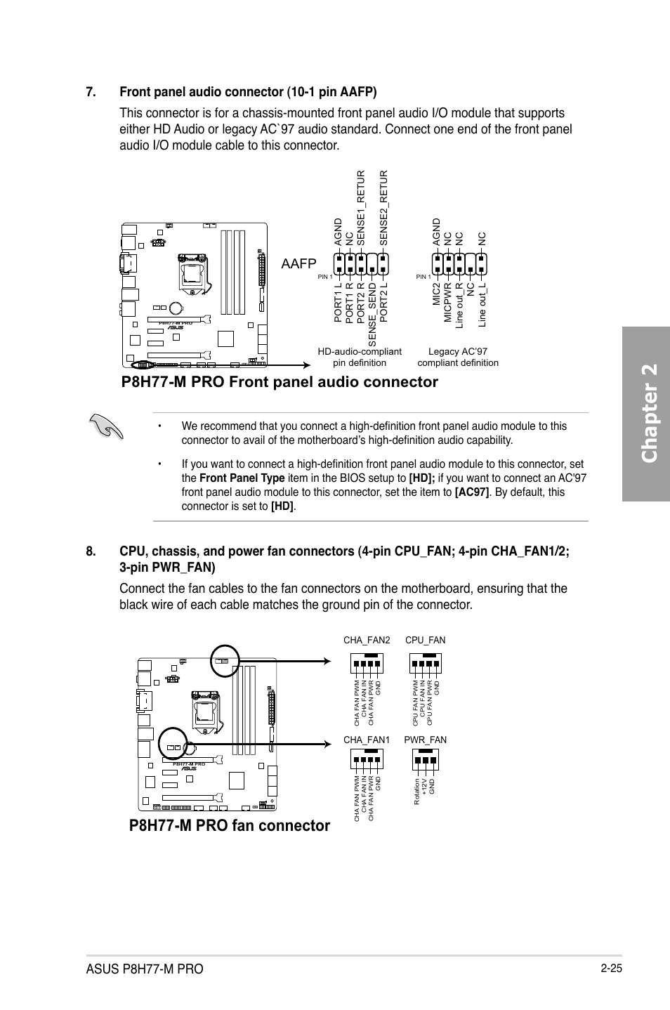 Chapter 2, P8h77-m pro fan connector, P8h77-m pro front panel audio connector | Asus p8h77-m pro, Aafp | Asus P8H77-M PRO User Manual | Page 45 / 150