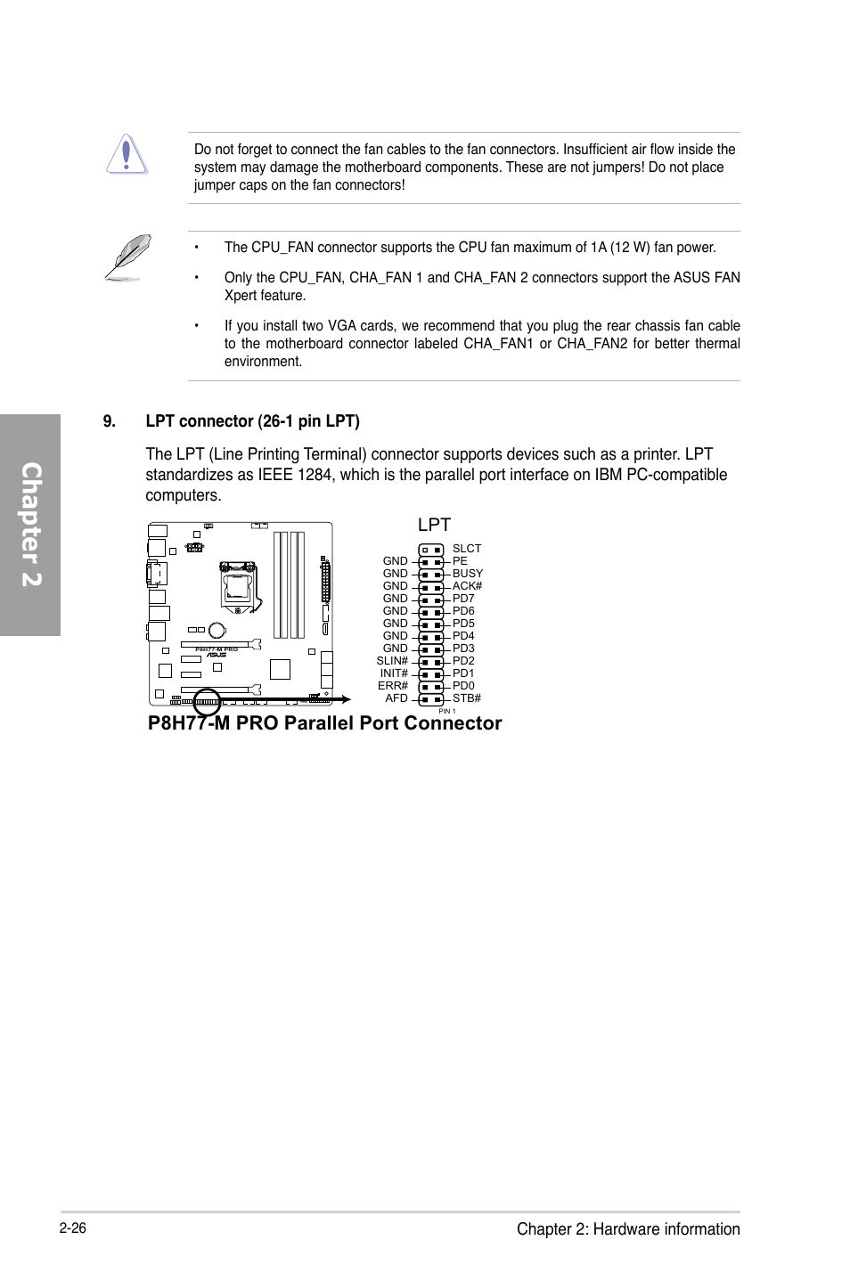 Chapter 2, P8h77-m pro parallel port connector, Chapter 2: hardware information | Asus P8H77-M PRO User Manual | Page 46 / 150