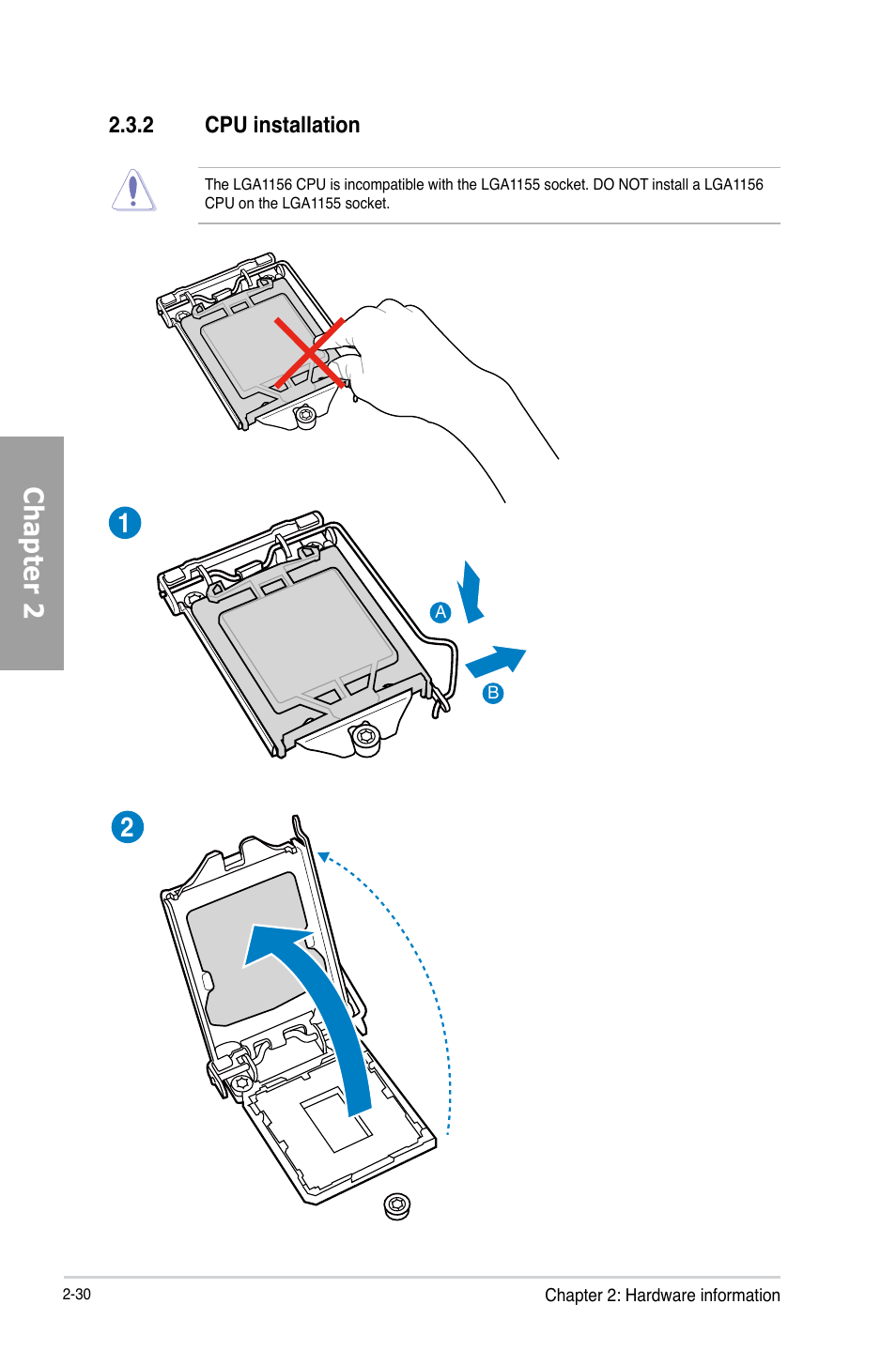 2 cpu installation, Cpu installation -30, Chapter 2 | Asus P8H77-M PRO User Manual | Page 50 / 150