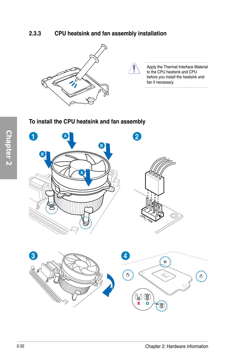 3 cpu heatsink and fan assembly installation, Cpu heatsink and fan assembly installation -32, Chapter 2 | Asus P8H77-M PRO User Manual | Page 52 / 150