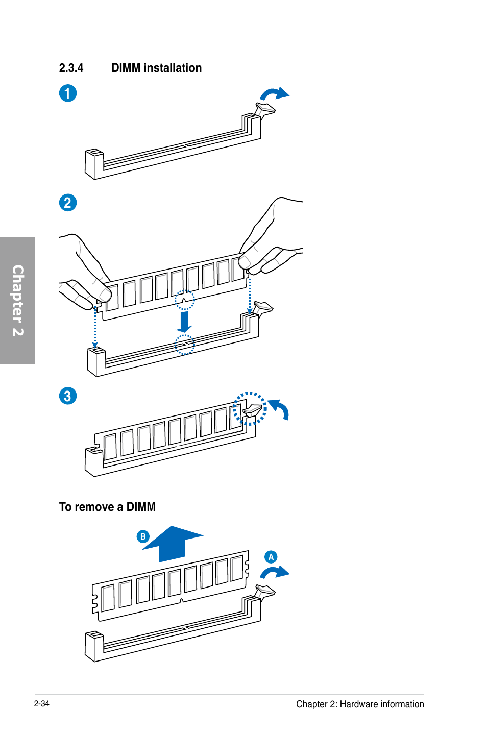 4 dimm installation, Dimm installation -34, Chapter 2 1 2 3 | Asus P8H77-M PRO User Manual | Page 54 / 150