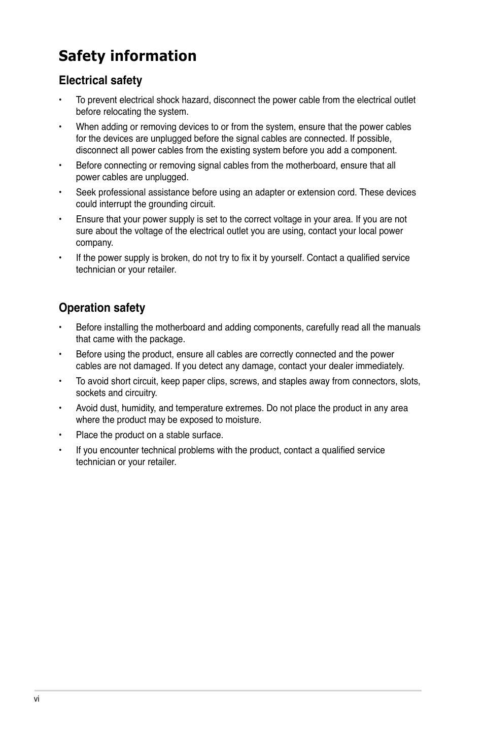 Safety information, Electrical safety, Operation safety | Asus P8H77-M PRO User Manual | Page 6 / 150