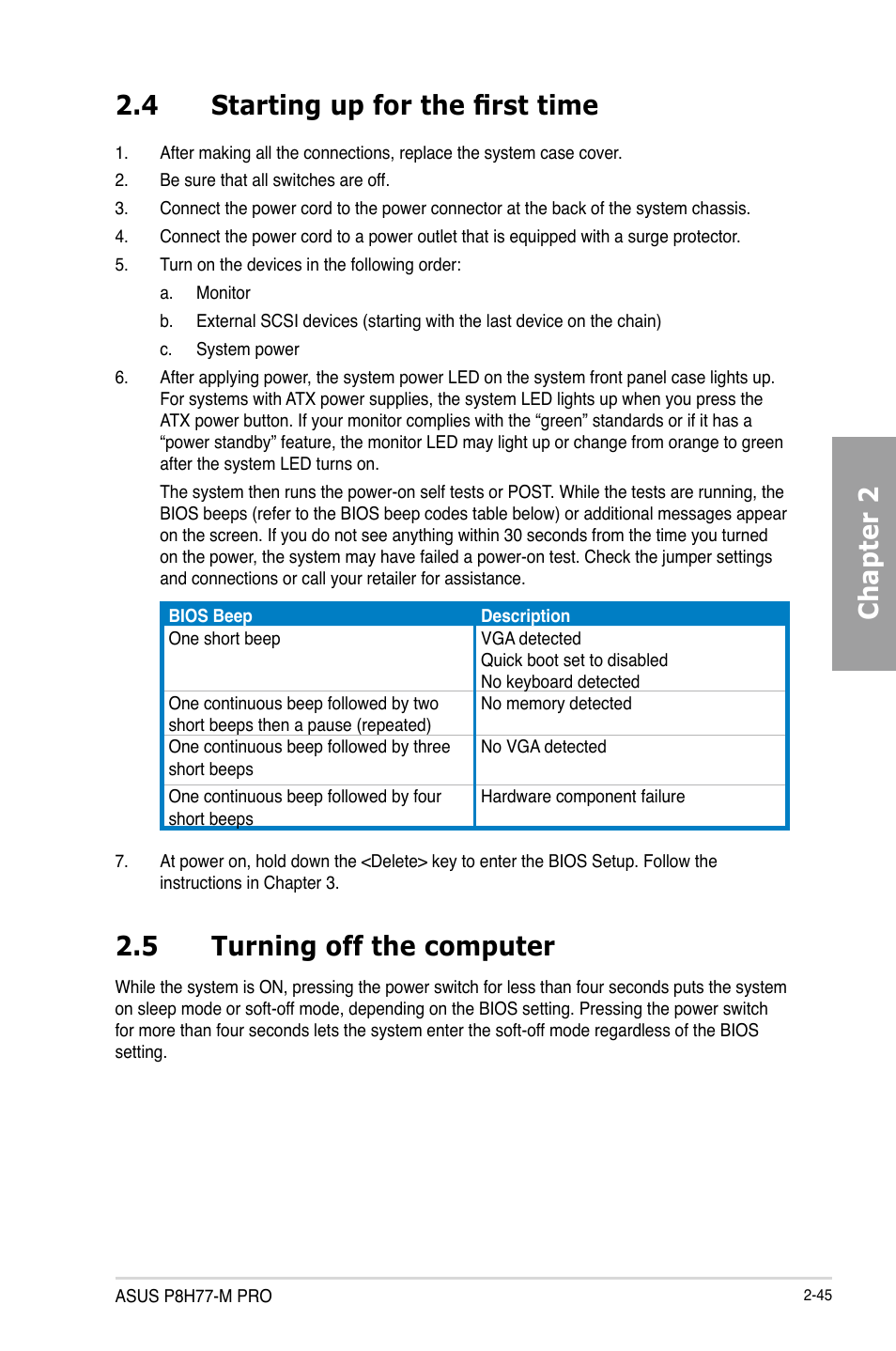 4 starting up for the first time, 5 turning off the computer, Starting up for the first time -45 | Turning off the computer -45, Chapter 2 2.4 starting up for the first time | Asus P8H77-M PRO User Manual | Page 65 / 150