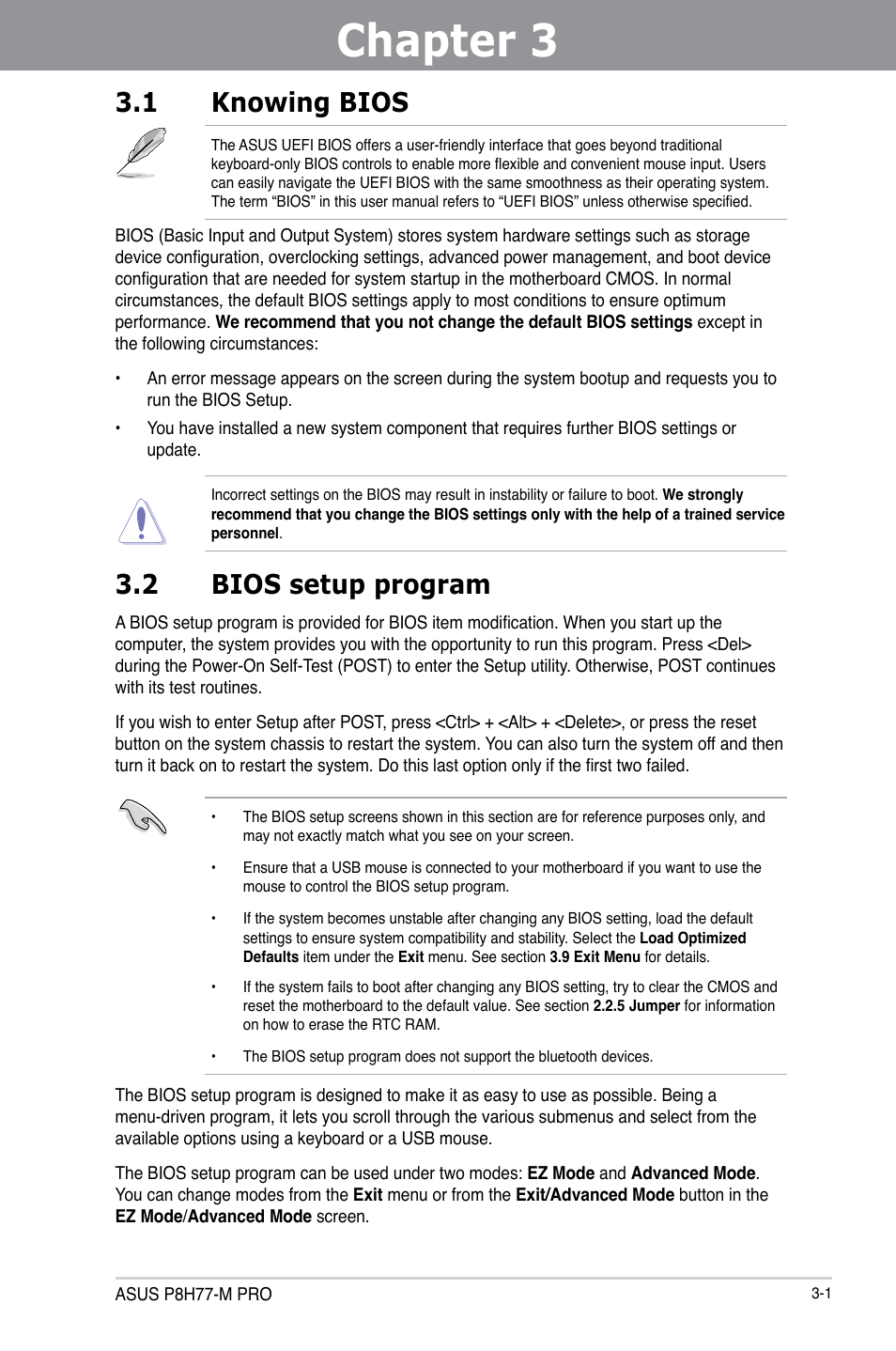 Chapter 3: bios setup, 1 knowing bios, 2 bios setup program | Chapter 3, Bios setup, Knowing bios -1, Bios setup program -1 | Asus P8H77-M PRO User Manual | Page 67 / 150