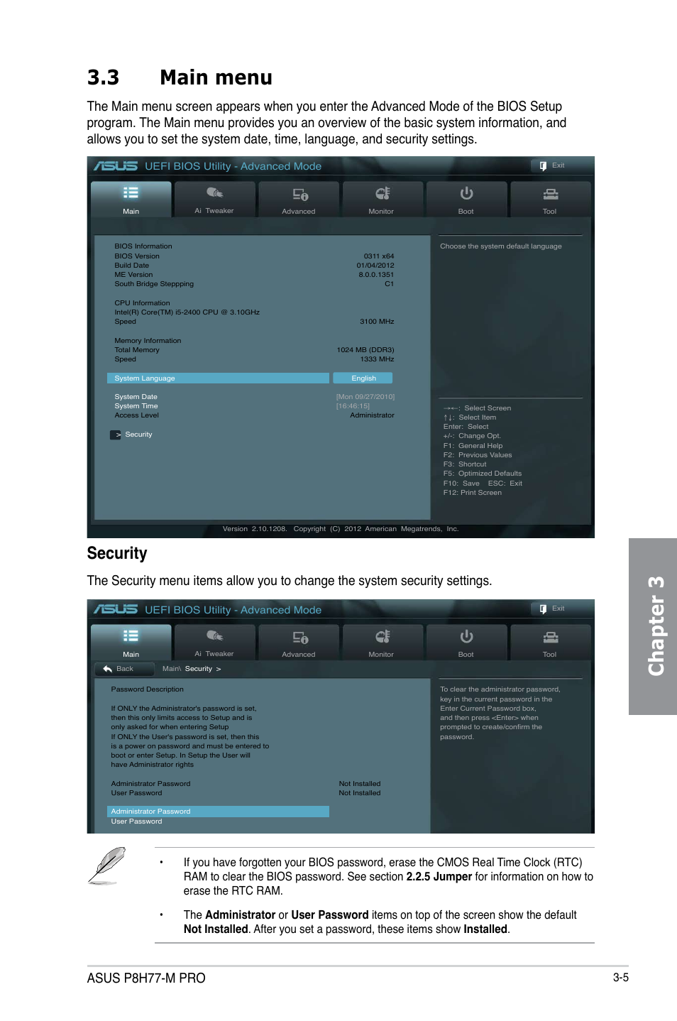 3 main menu, Main menu -5, Chapter 3 3.3 main menu | Security, Asus p8h77-m pro | Asus P8H77-M PRO User Manual | Page 71 / 150