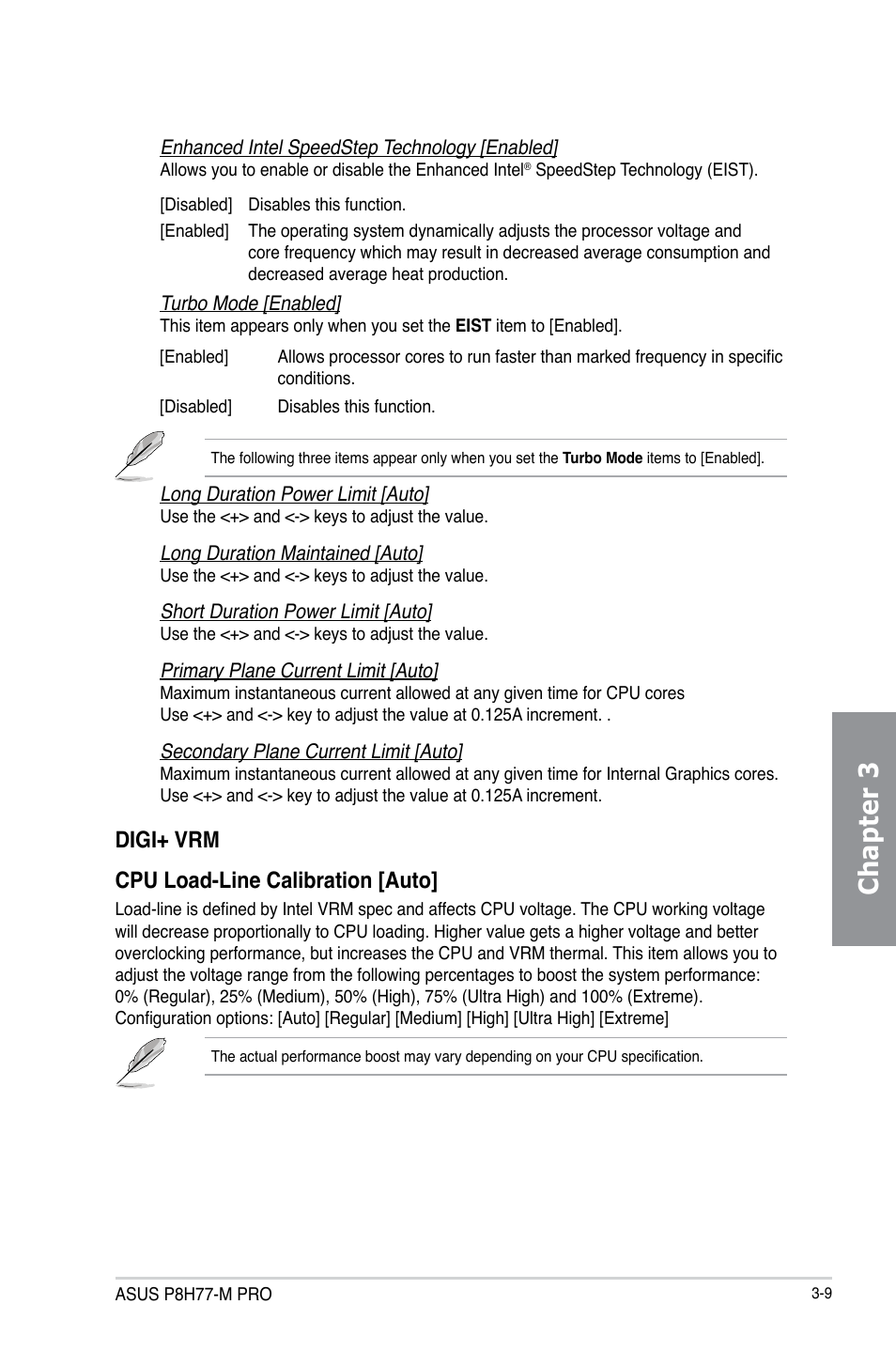 Chapter 3, Digi+ vrm cpu load-line calibration [auto | Asus P8H77-M PRO User Manual | Page 75 / 150