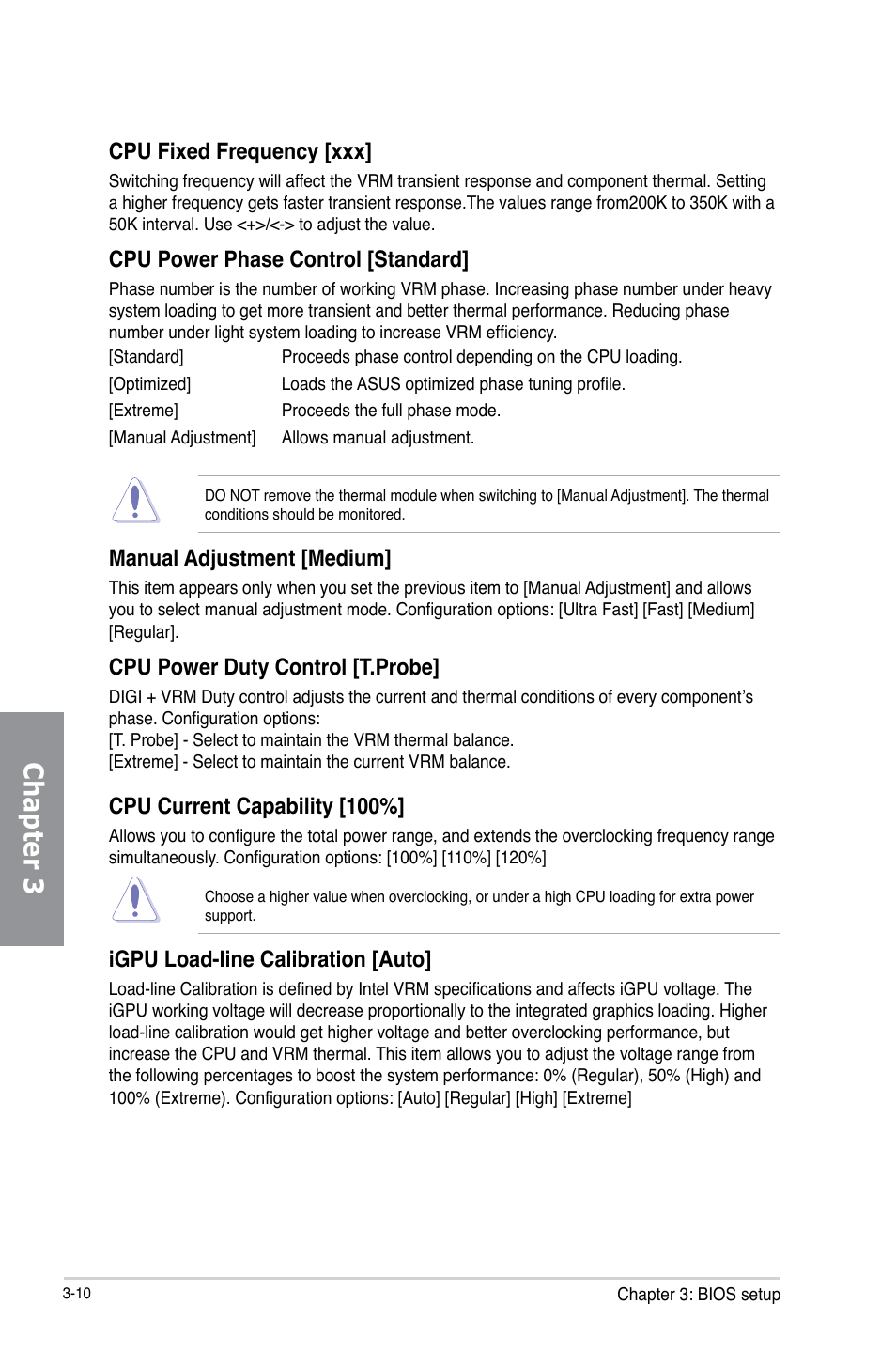 Chapter 3, Cpu fixed frequency [xxx, Cpu power phase control [standard | Manual adjustment [medium, Cpu power duty control [t.probe, Cpu current capability [100, Igpu load-line calibration [auto | Asus P8H77-M PRO User Manual | Page 76 / 150