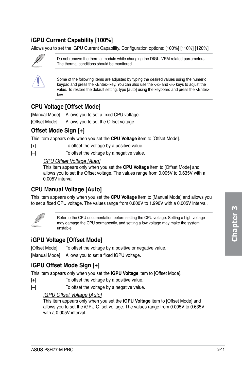 Chapter 3, Igpu current capability [100, Cpu voltage [offset mode | Offset mode sign, Cpu manual voltage [auto, Igpu voltage [offset mode, Igpu offset mode sign | Asus P8H77-M PRO User Manual | Page 77 / 150