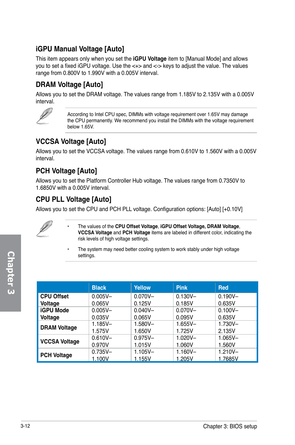 Chapter 3, Igpu manual voltage [auto, Dram voltage [auto | Vccsa voltage [auto, Pch voltage [auto, Cpu pll voltage [auto | Asus P8H77-M PRO User Manual | Page 78 / 150
