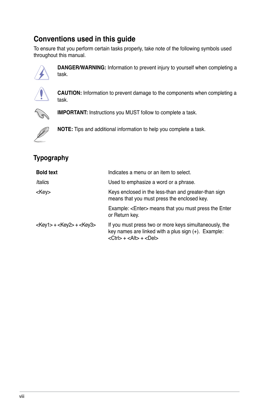 Conventions used in this guide, Typography | Asus P8H77-M PRO User Manual | Page 8 / 150