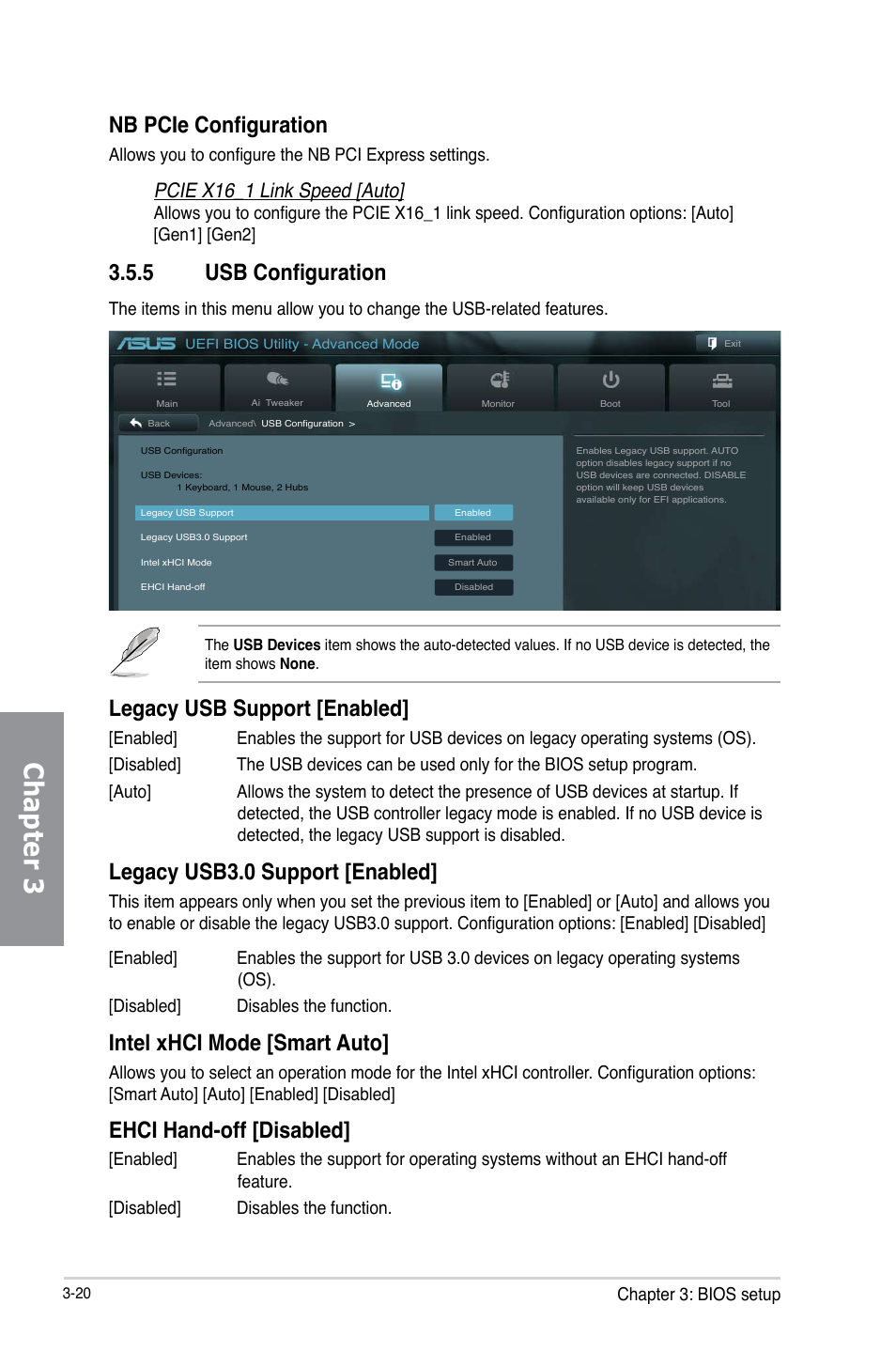 5 usb configuration, Usb configuration -20, Chapter 3 | Legacy usb support [enabled, Legacy usb3.0 support [enabled, Intel xhci mode [smart auto, Ehci hand-off [disabled, Nb pcie configuration, Pcie x16_1 link speed [auto, Chapter 3: bios setup | Asus P8H77-M PRO User Manual | Page 86 / 150