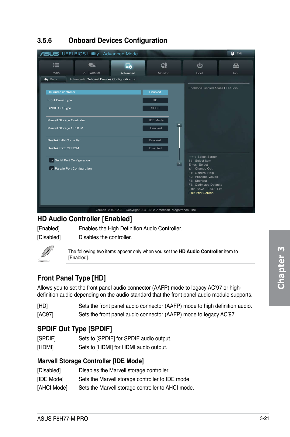 6 onboard devices configuration, Onboard devices configuration -21, Chapter 3 | Hd audio controller [enabled, Front panel type [hd, Spdif out type [spdif, Marvell storage controller [ide mode, Asus p8h77-m pro | Asus P8H77-M PRO User Manual | Page 87 / 150