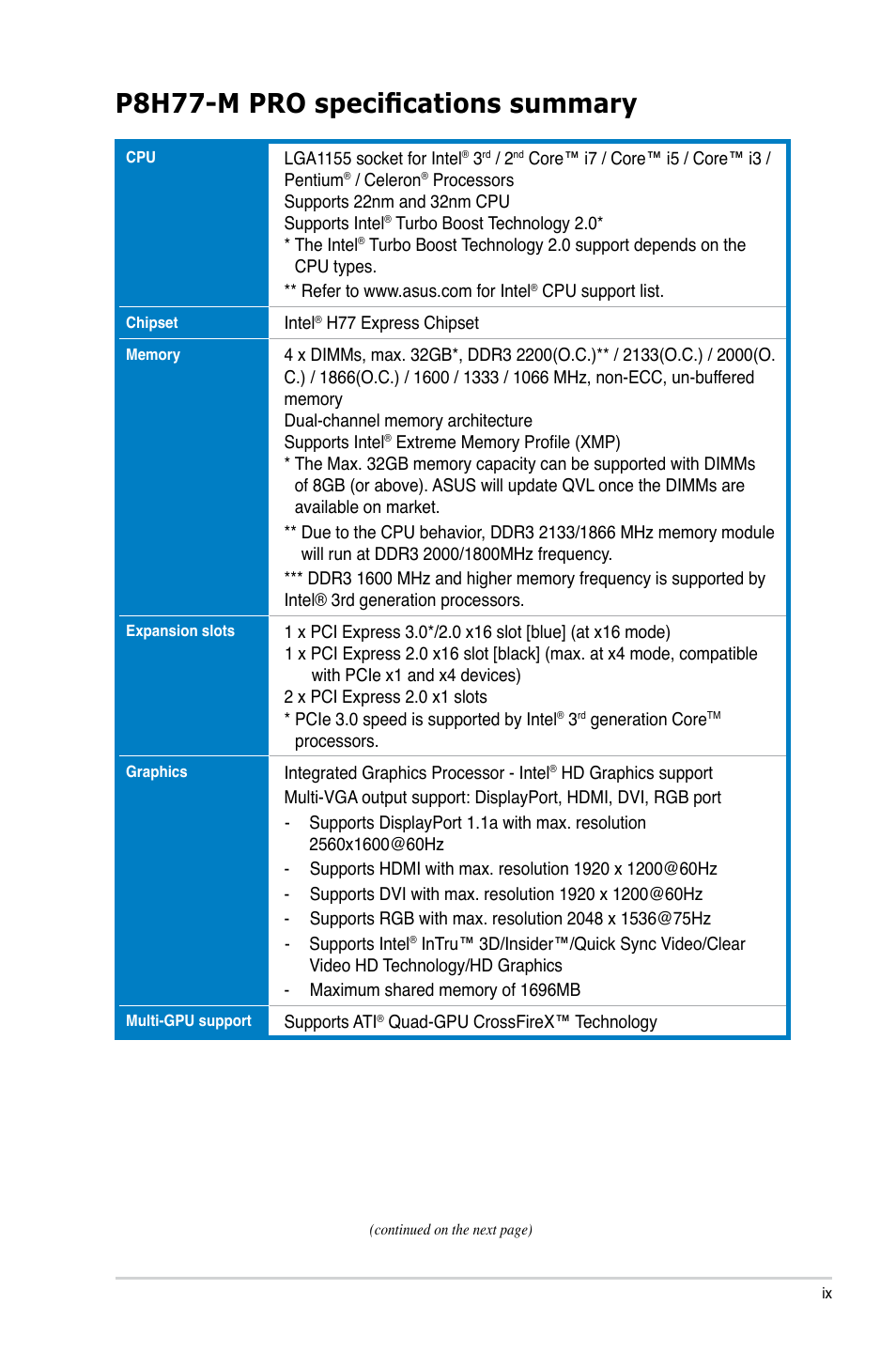 P8h77-m pro specifications summary | Asus P8H77-M PRO User Manual | Page 9 / 150