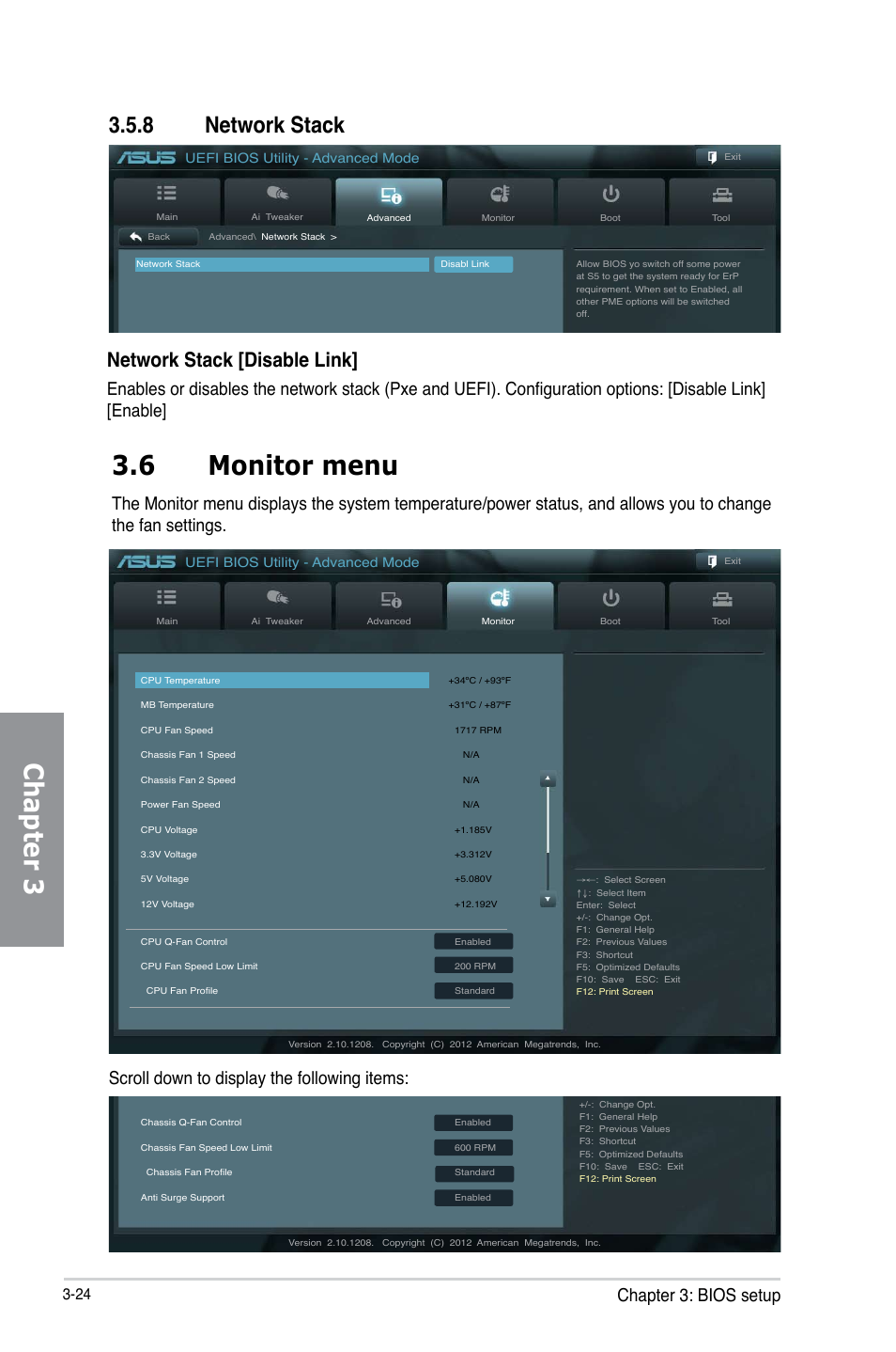 8 network stack, 6 monitor menu, Network stack -24 | Monitor menu -24, Chapter 3 3.6 monitor menu, Network stack [disable link, Chapter 3: bios setup, Scroll down to display the following items, Uefi bios utility - advanced mode | Asus P8H77-M PRO User Manual | Page 90 / 150