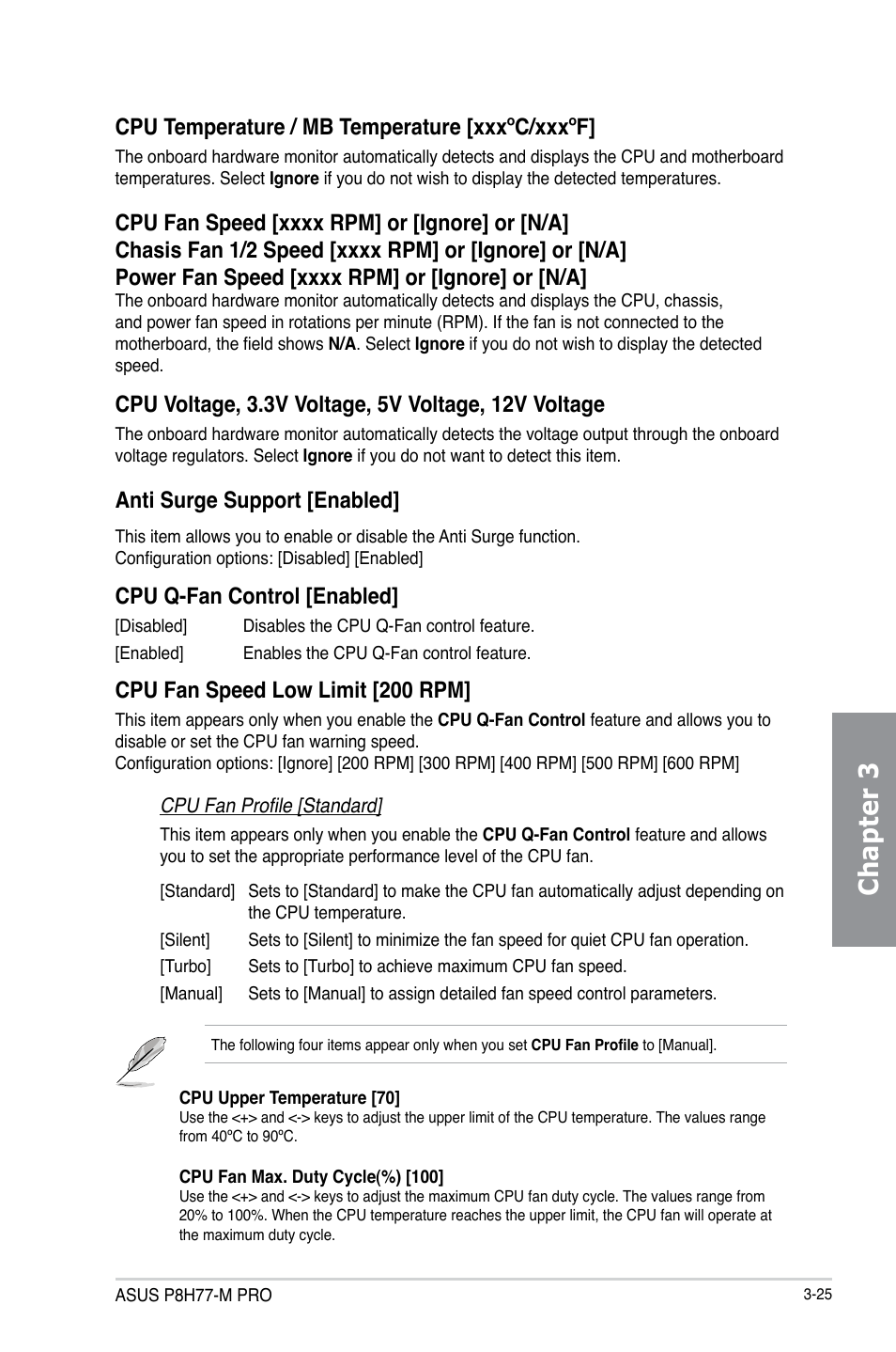 Chapter 3, Cpu temperature / mb temperature [xxxºc/xxxºf, Anti surge support [enabled | Cpu q-fan control [enabled, Cpu fan speed low limit [200 rpm | Asus P8H77-M PRO User Manual | Page 91 / 150