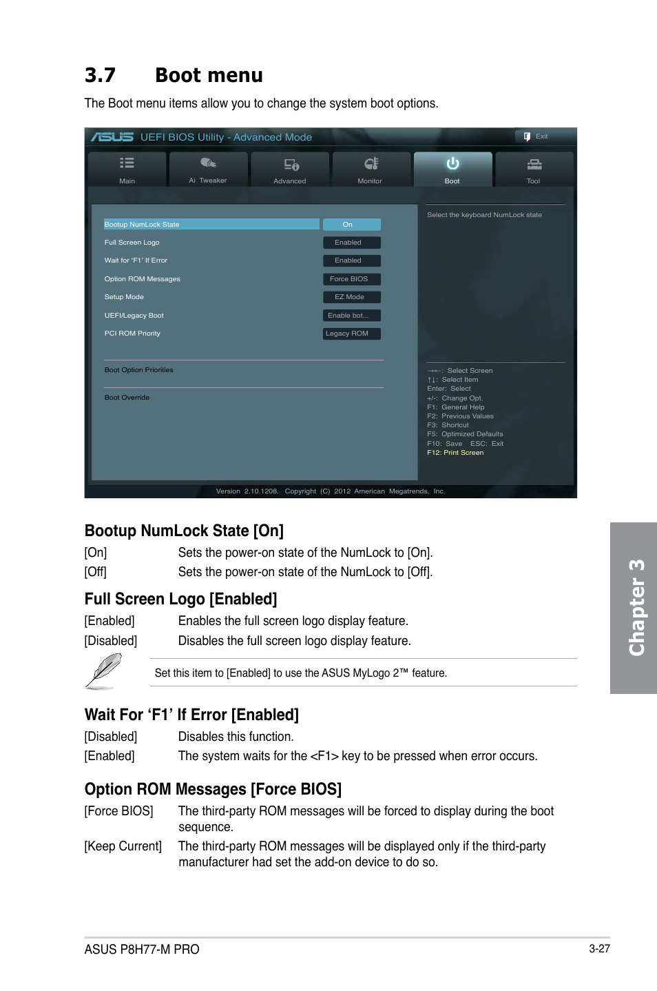 7 boot menu, Boot menu -27, Chapter 3 3.7 boot menu | Bootup numlock state [on, Full screen logo [enabled, Wait for ‘f1’ if error [enabled, Option rom messages [force bios, Asus p8h77-m pro | Asus P8H77-M PRO User Manual | Page 93 / 150