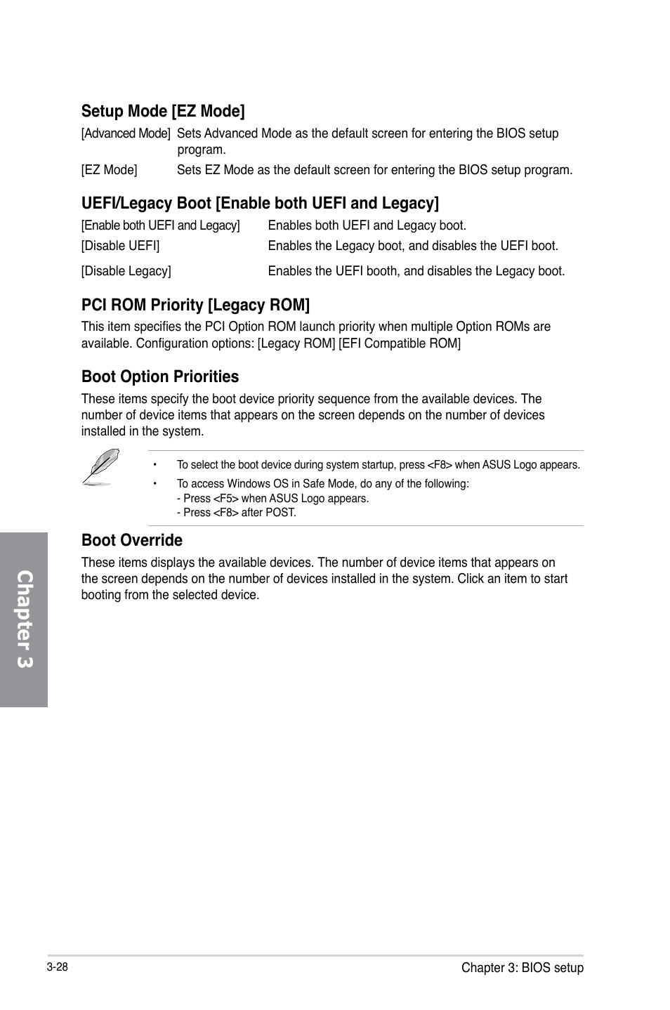 Chapter 3, Setup mode [ez mode, Uefi/legacy boot [enable both uefi and legacy | Pci rom priority [legacy rom, Boot option priorities, Boot override | Asus P8H77-M PRO User Manual | Page 94 / 150