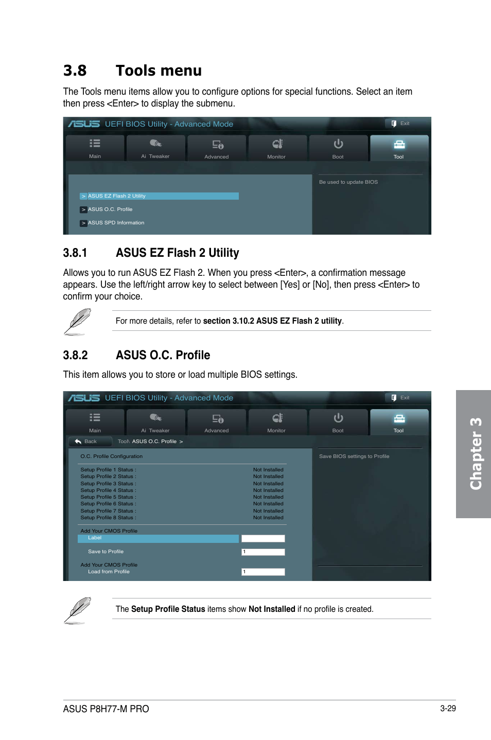 8 tools menu, 1 asus ez flash 2 utility, 2 asus o.c. profile | Tools menu -29 3.8.1, Asus ez flash 2 utility -29, Asus o.c. profile -29, Chapter 3 3.8 tools menu, Asus p8h77-m pro | Asus P8H77-M PRO User Manual | Page 95 / 150