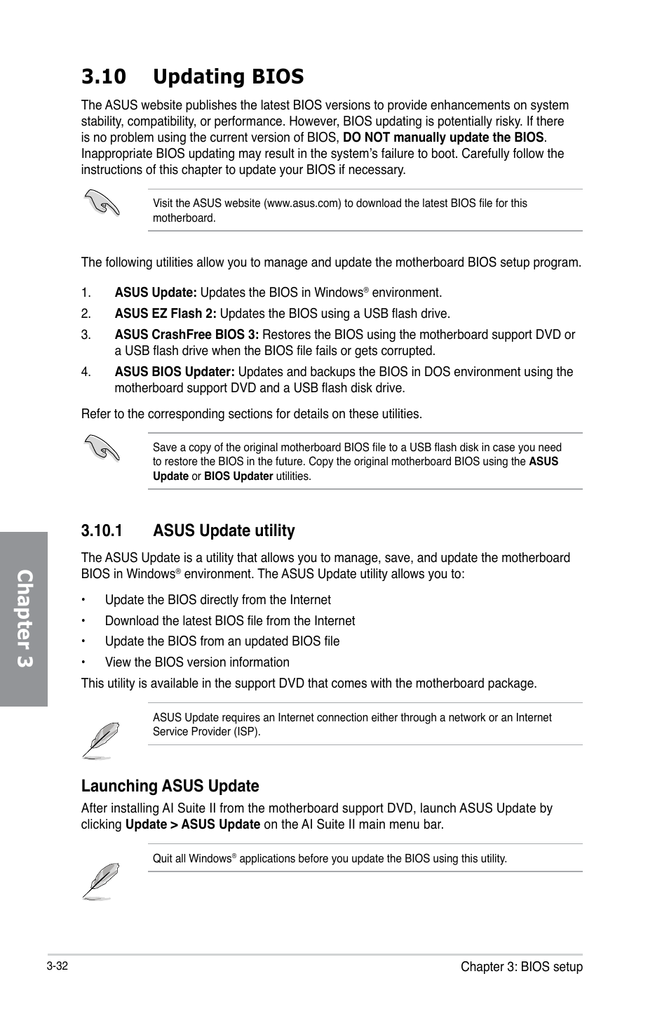 10 updating bios, 1 asus update utility, Updating bios -32 3.10.1 | Asus update utility -32, Chapter 3 3.10 updating bios, Launching asus update | Asus P8H77-M PRO User Manual | Page 98 / 150