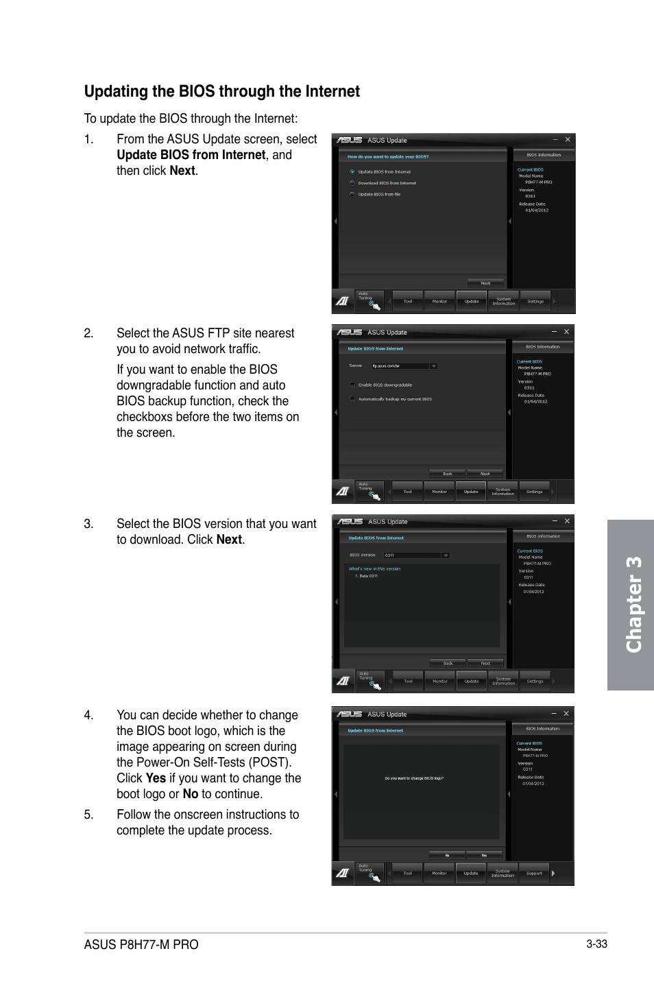 Chapter 3, Updating the bios through the internet | Asus P8H77-M PRO User Manual | Page 99 / 150