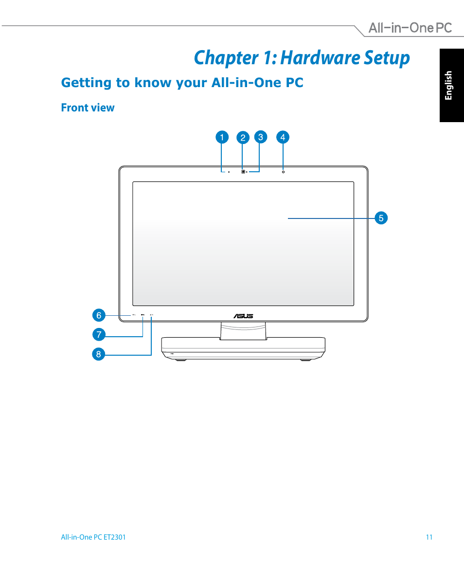 Chapter 1: hardware setup, Getting to know your all-in-one pc, Front view | Asus ET2301IUTH User Manual | Page 11 / 66