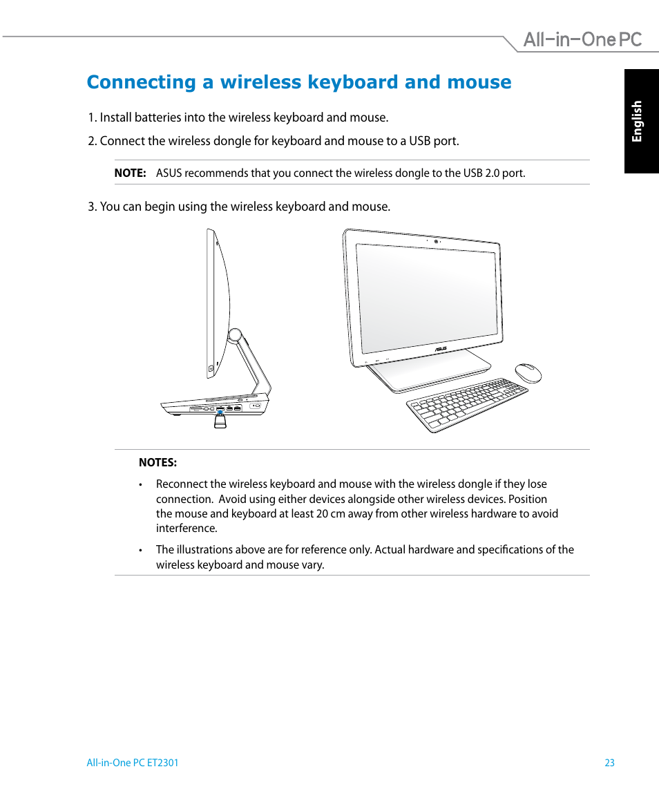 Connecting a wireless keyboard and mouse | Asus ET2301IUTH User Manual | Page 23 / 66