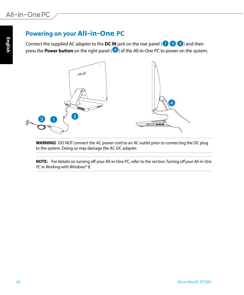 Powering on your all-in-one pc | Asus ET2301IUTH User Manual | Page 24 / 66