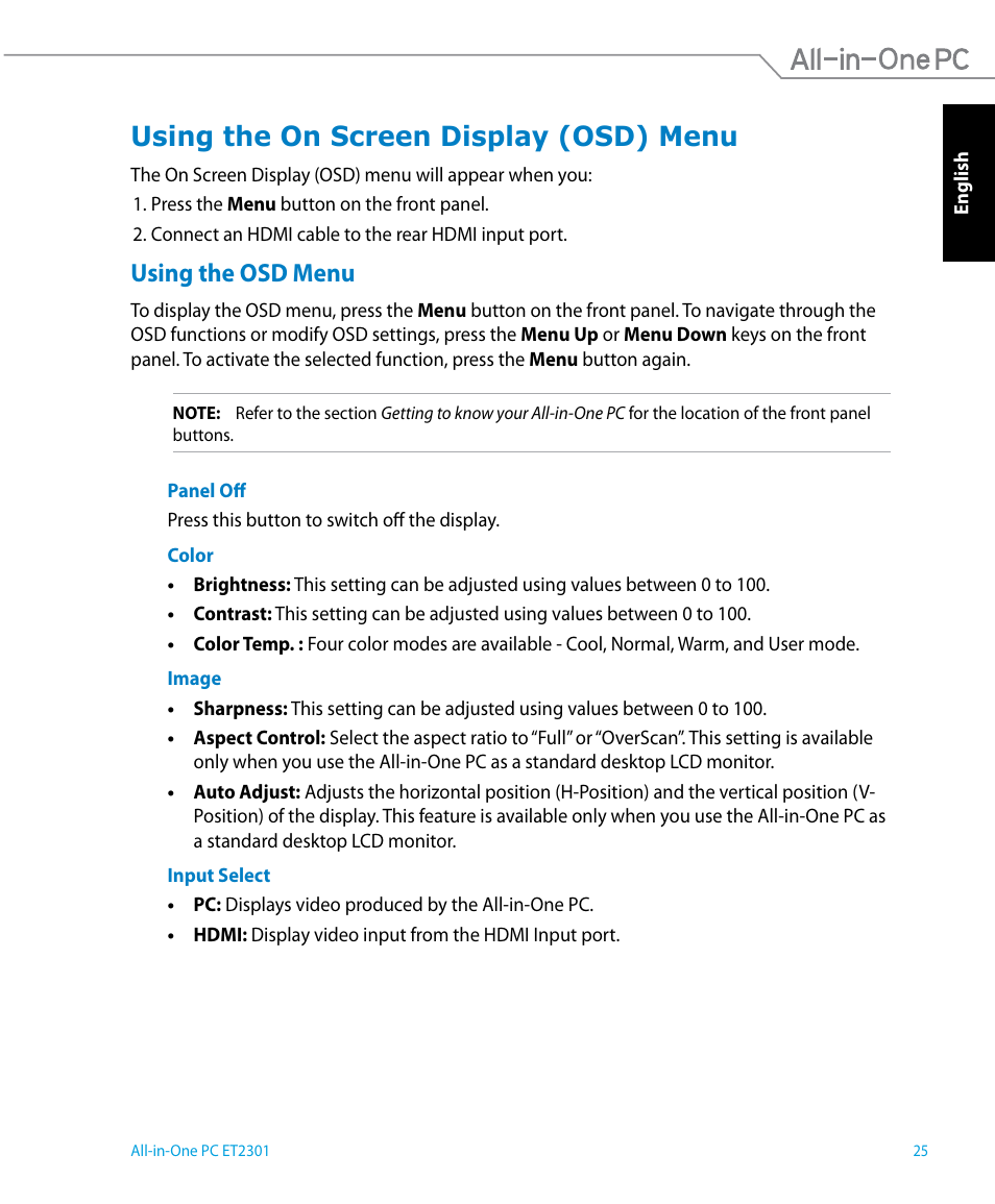 Using the on screen display (osd) menu, Using the osd menu | Asus ET2301IUTH User Manual | Page 25 / 66