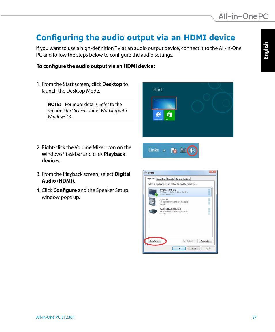 Configuring the audio output via an hdmi device | Asus ET2301IUTH User Manual | Page 27 / 66