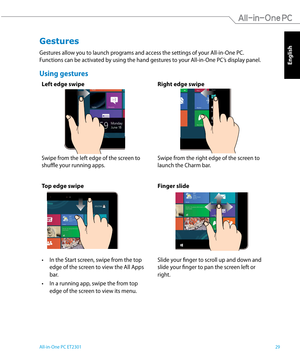 Gestures, Using gestures | Asus ET2301IUTH User Manual | Page 29 / 66