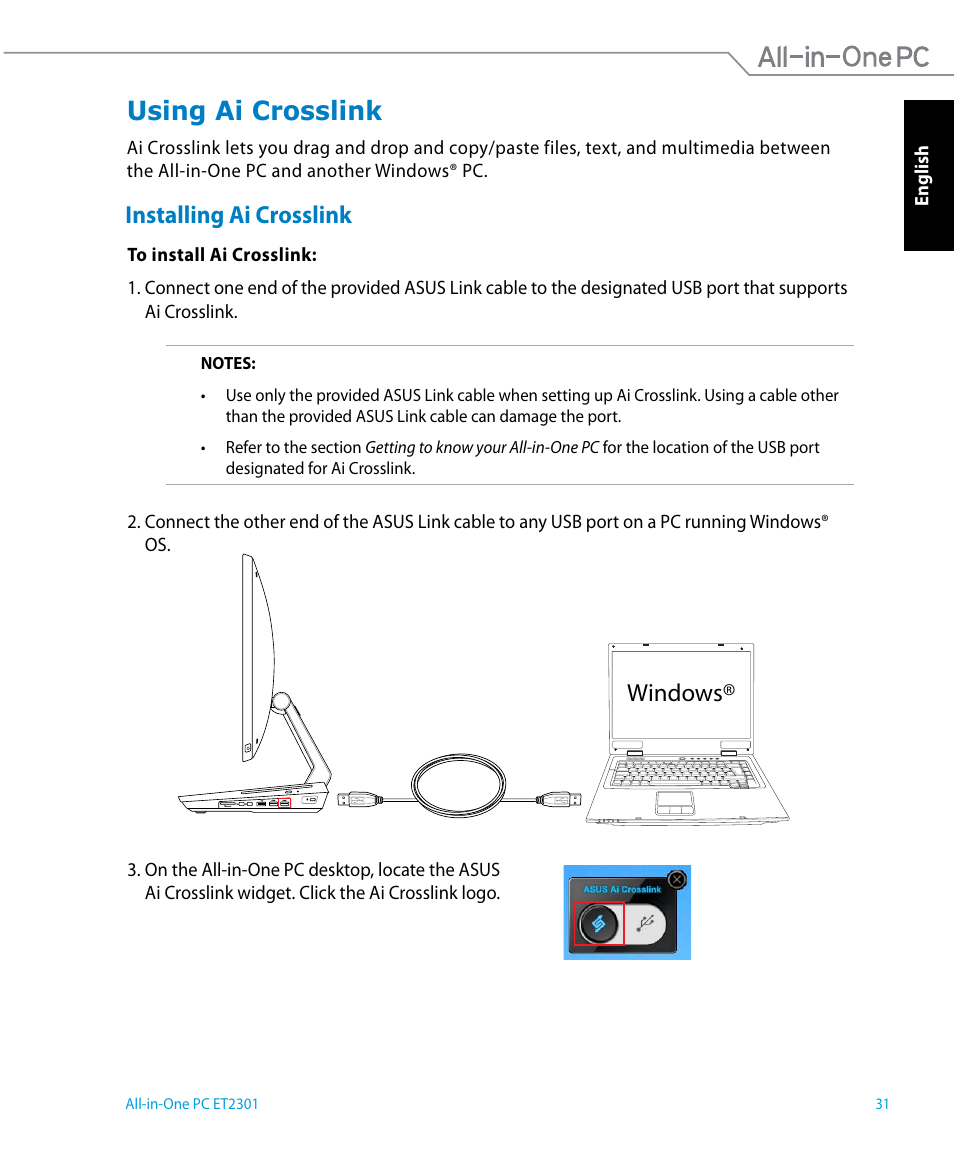 Using ai crosslink, Installing ai crosslink, Windows | Asus ET2301IUTH User Manual | Page 31 / 66