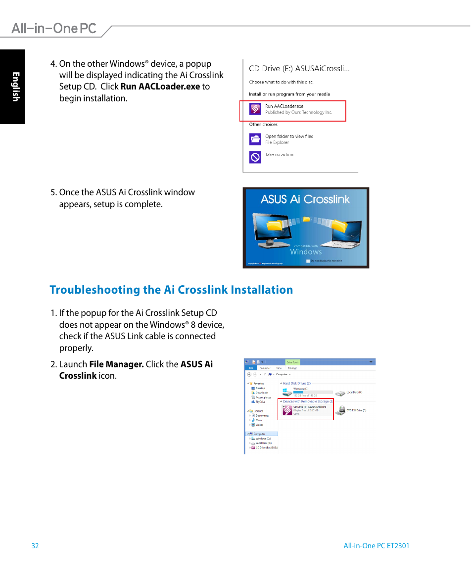 Troubleshooting the ai crosslink installation | Asus ET2301IUTH User Manual | Page 32 / 66