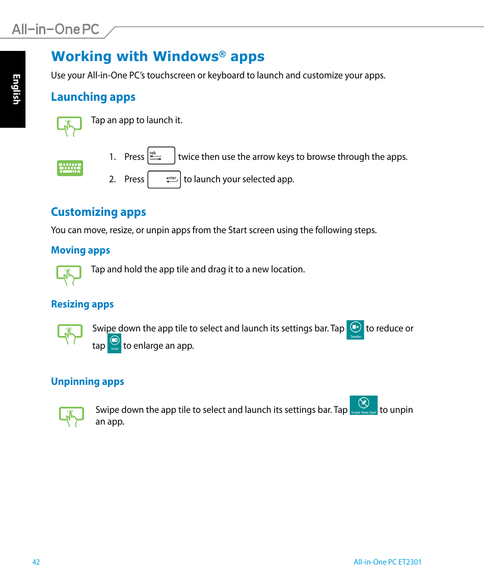 Working with windows® apps, Launching apps, Customizing apps | Working with windows, Apps, Launching apps customizing apps | Asus ET2301IUTH User Manual | Page 42 / 66