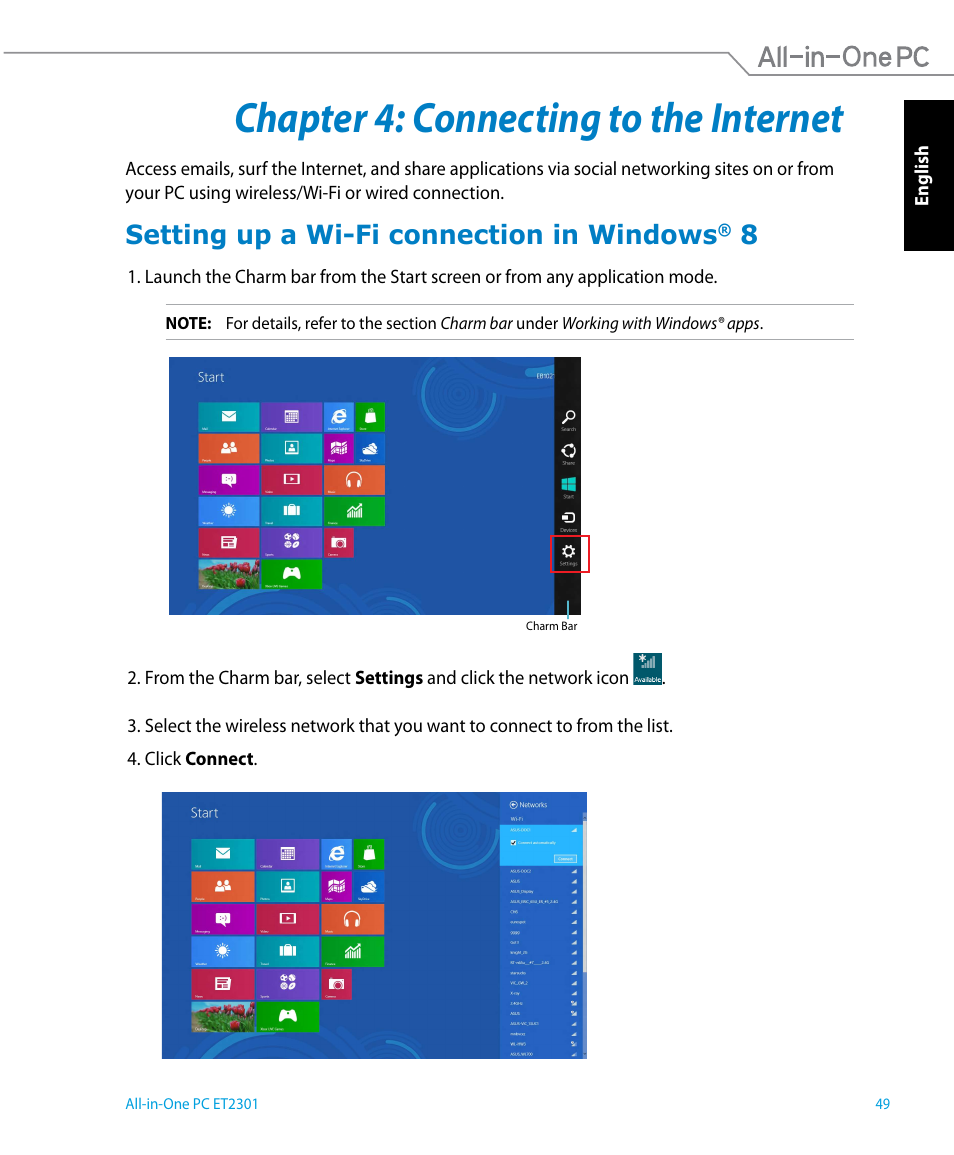 Chapter 4: connecting to the internet, Setting up a wi-fi connection in windows® 8, Setting up a wi-fi connection in windows | Asus ET2301IUTH User Manual | Page 49 / 66