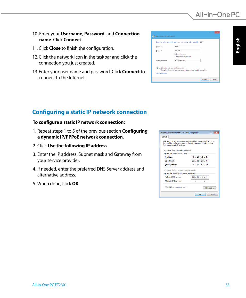 Configuring a static ip network connection | Asus ET2301IUTH User Manual | Page 53 / 66