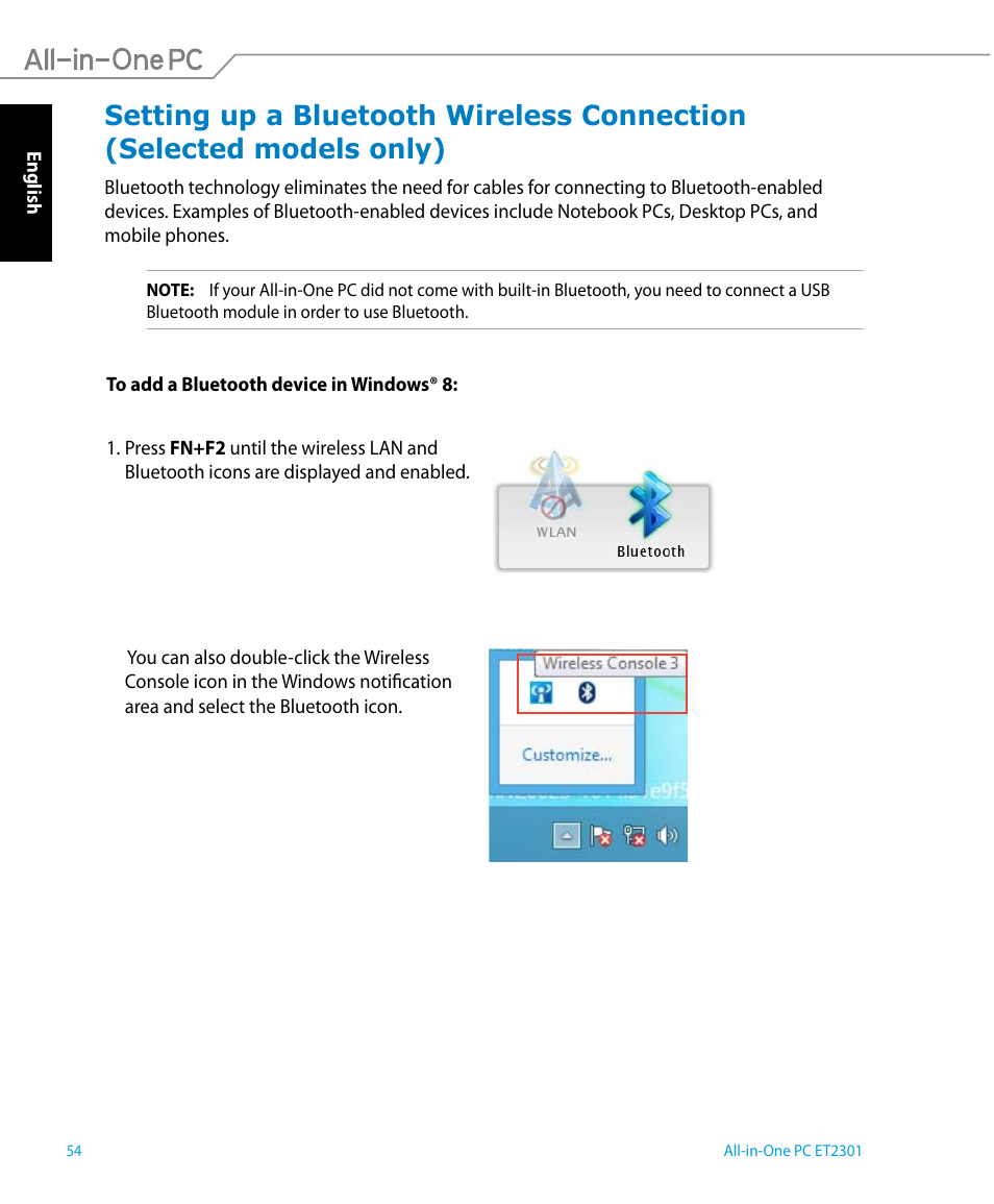 Setting up a bluetooth wireless connection | Asus ET2301IUTH User Manual | Page 54 / 66