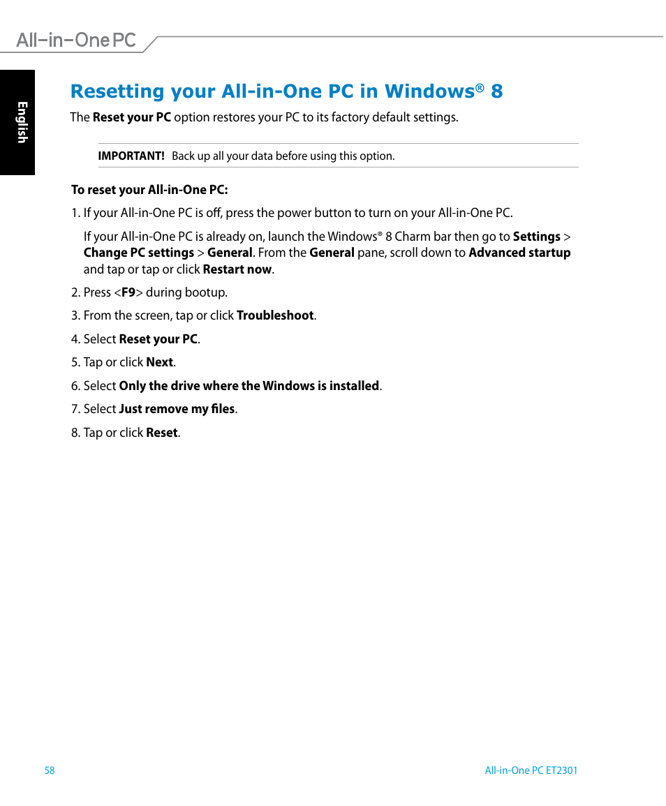 Resetting your all-in-one pc in windows® 8, Resetting your all-in-one pc in windows | Asus ET2301IUTH User Manual | Page 58 / 66