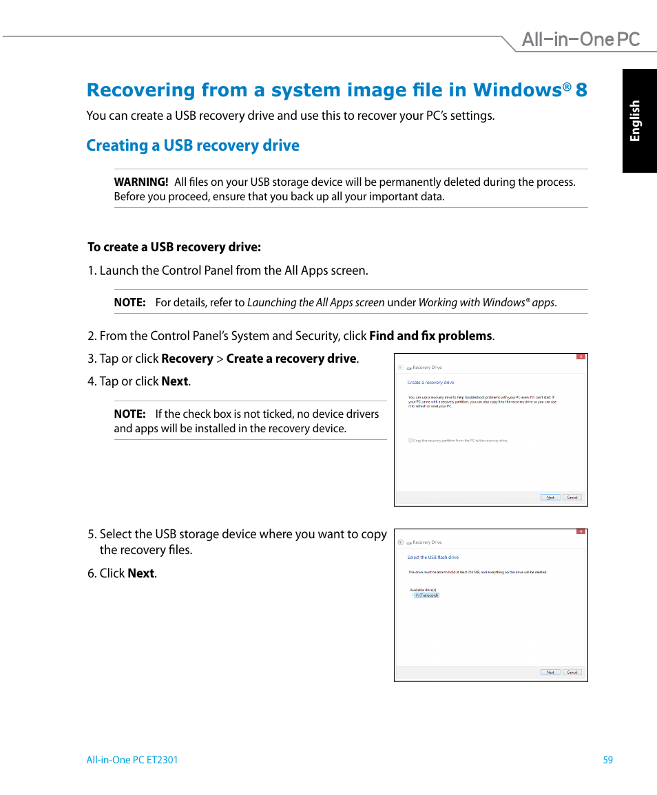 Recovering from a system image file in windows® 8, Creating a usb recovery drive, Recovering from a system image file in windows | Asus ET2301IUTH User Manual | Page 59 / 66