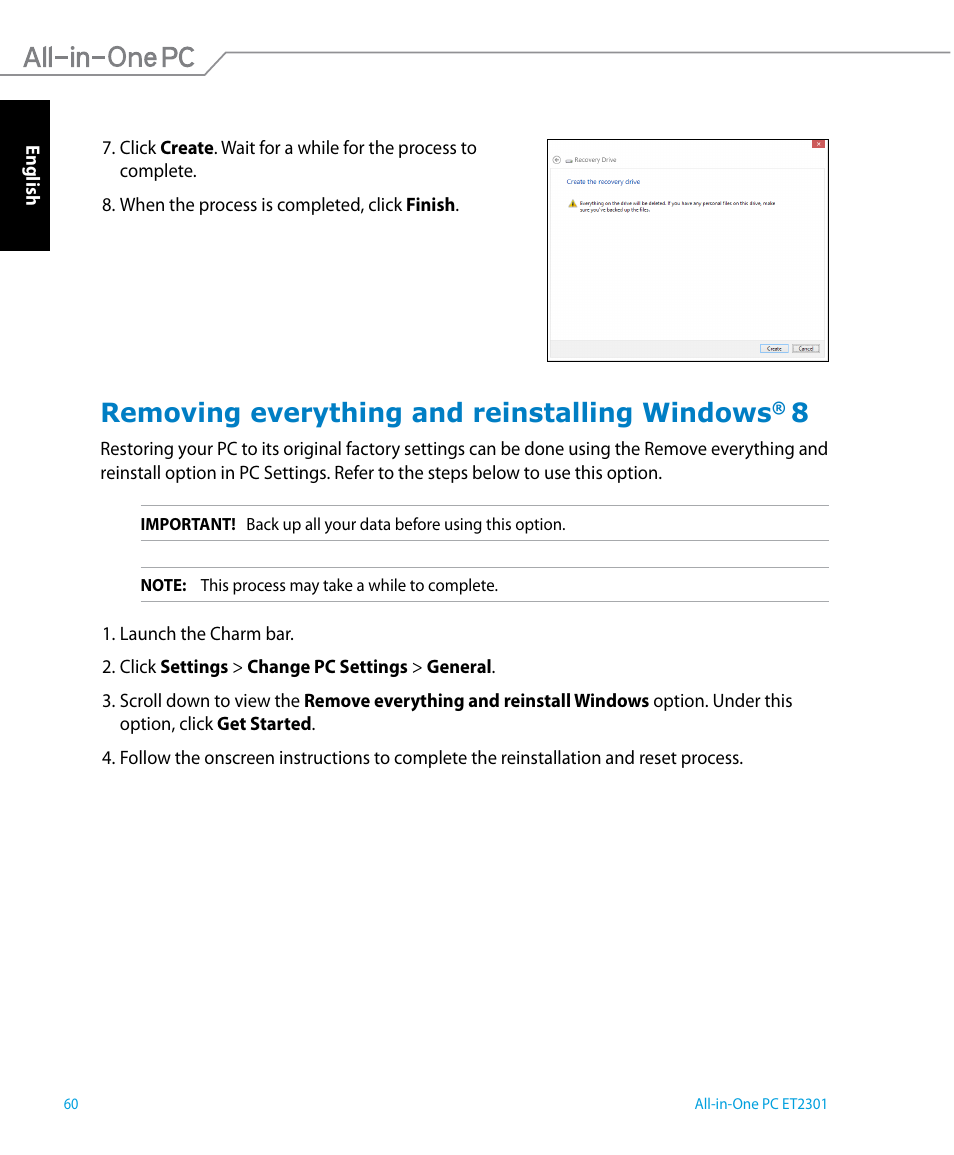 Removing everything and reinstalling windows® 8, Removing everything and reinstalling windows | Asus ET2301IUTH User Manual | Page 60 / 66