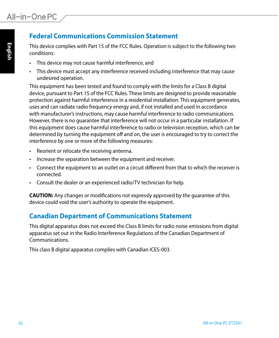 Canadian department of communications statement, Federal communications commission statement | Asus ET2301IUTH User Manual | Page 62 / 66