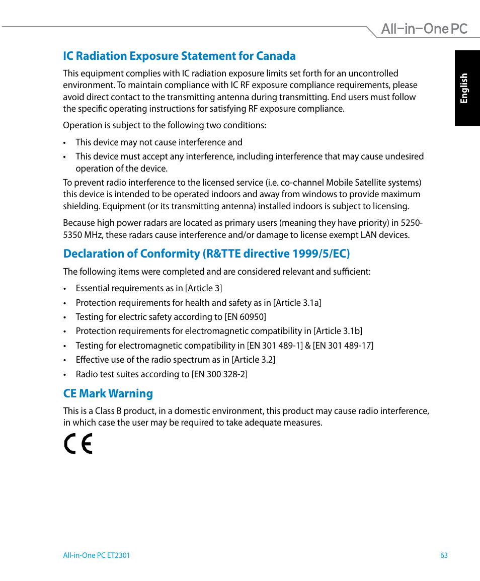 Ce mark warning, Ic radiation exposure statement for canada | Asus ET2301IUTH User Manual | Page 63 / 66