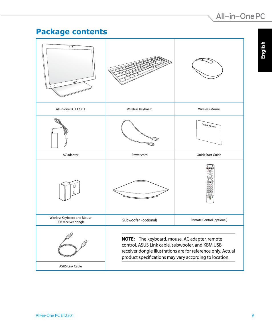 Package contents, English | Asus ET2301IUTH User Manual | Page 9 / 66