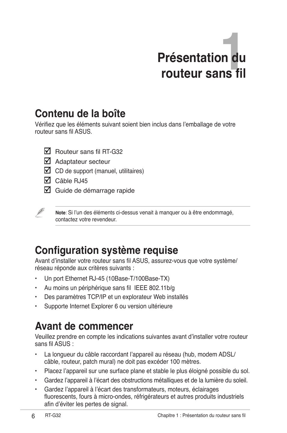 Présentation du routeur sans fil, Contenu de la boîte, Configuration système requise | Avant de commencer | Asus RT-G32 User Manual | Page 138 / 743