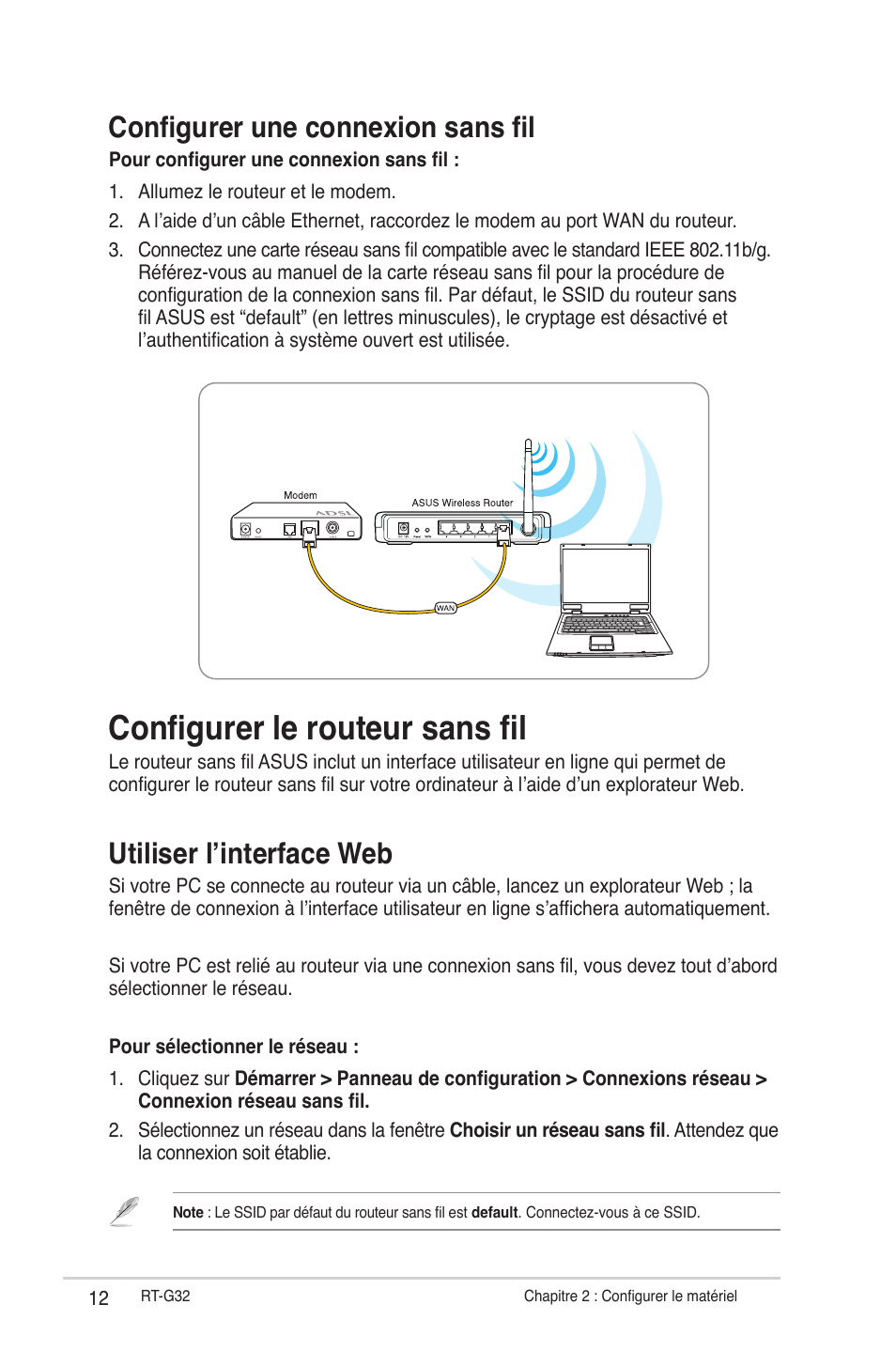 Configurer le routeur sans fil, Configurer une connexion sans fil, Utiliser l’interface web | Asus RT-G32 User Manual | Page 144 / 743