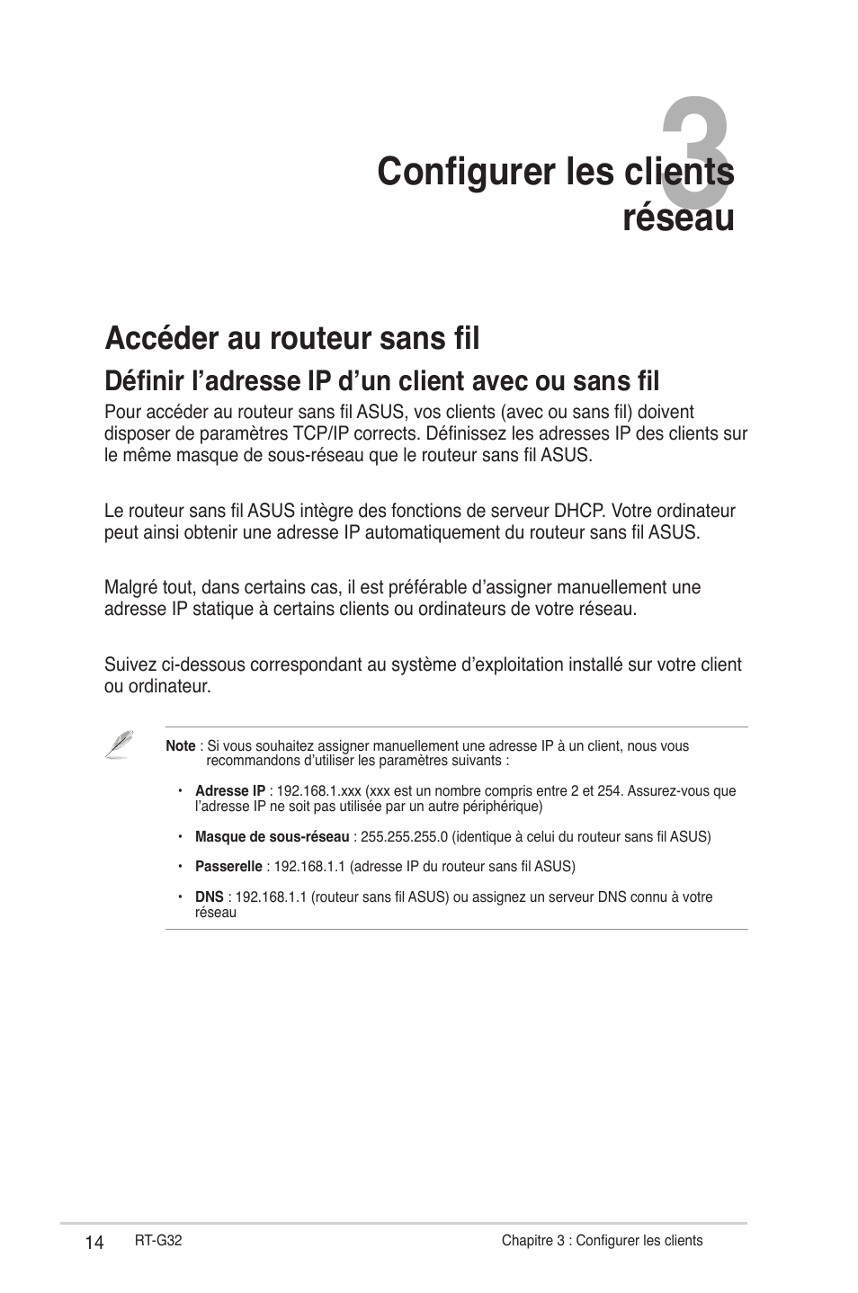 Configurer les clients réseau, Accéder au routeur sans fil, Définir l’adresse ip d’un client avec ou sans fil | Asus RT-G32 User Manual | Page 146 / 743