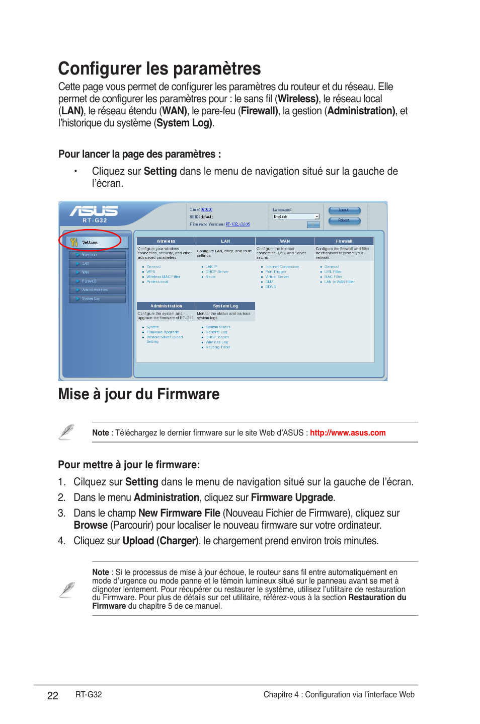 Configurer les paramètres, Mise à jour du firmware | Asus RT-G32 User Manual | Page 154 / 743