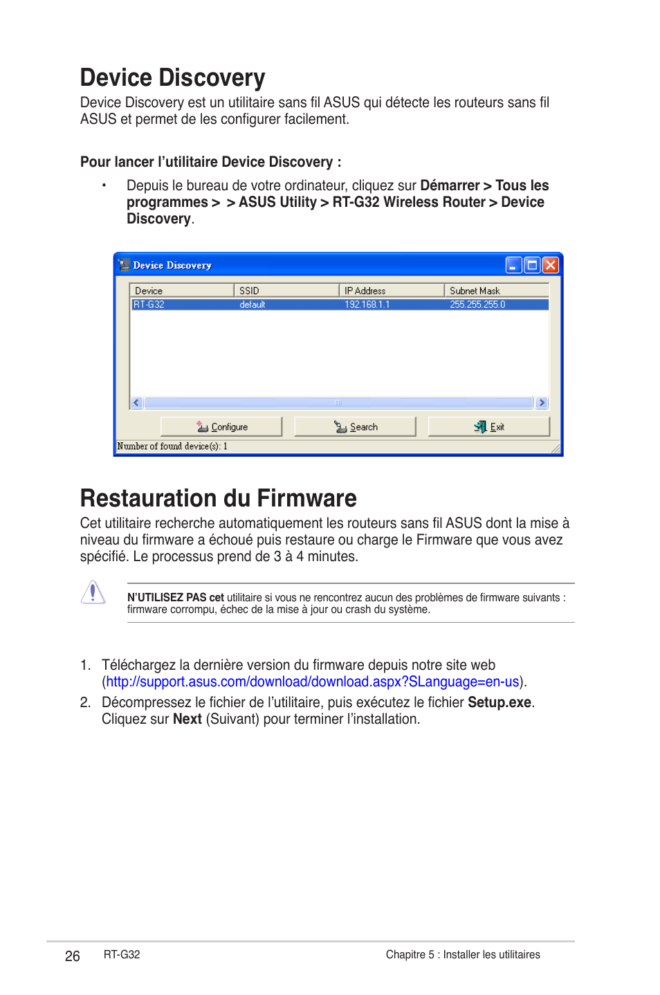 Device discovery, Restauration du firmware | Asus RT-G32 User Manual | Page 158 / 743