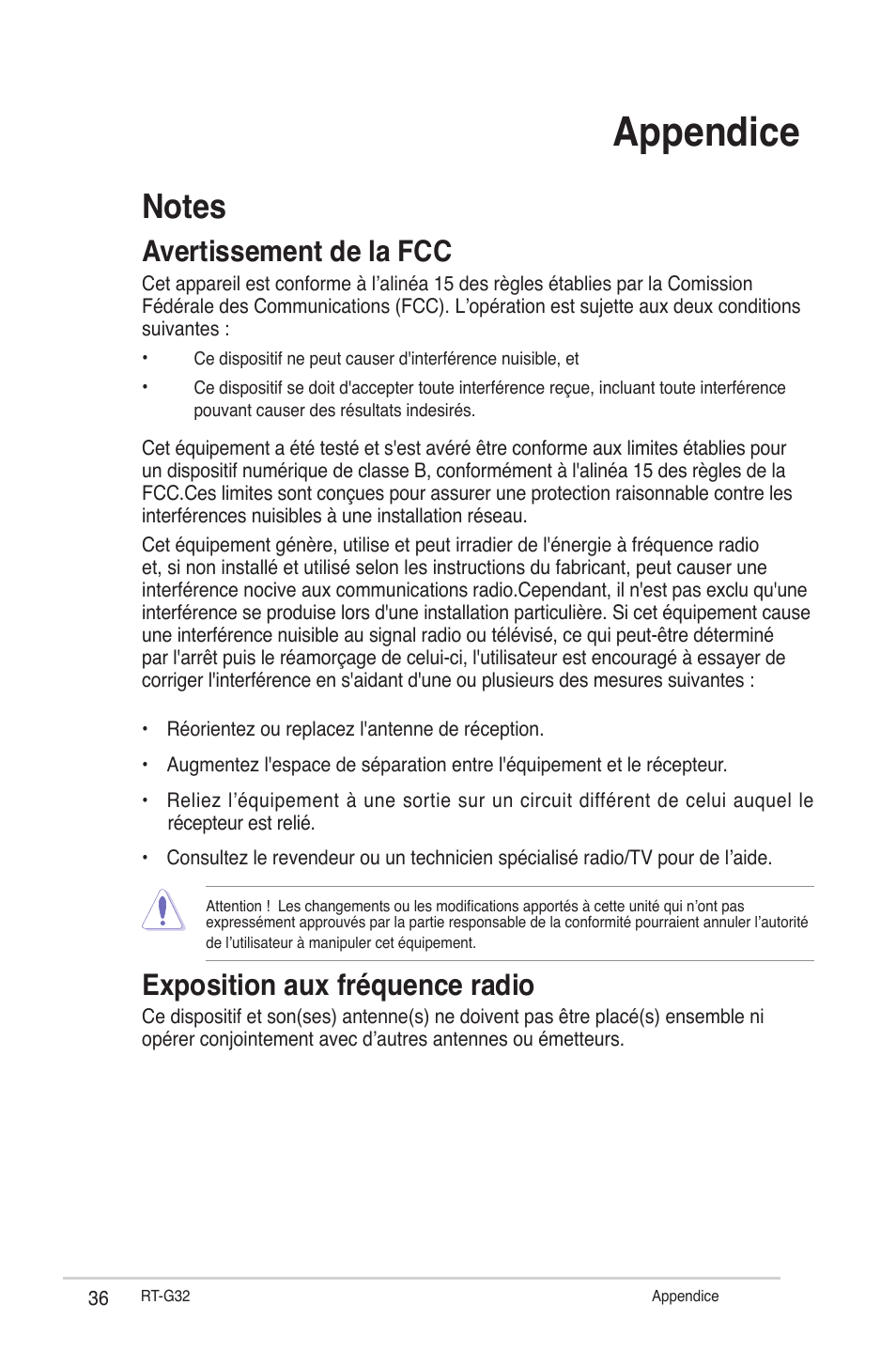 Appendice, Avertissement de la fcc, Exposition aux fréquence radio | Asus RT-G32 User Manual | Page 168 / 743